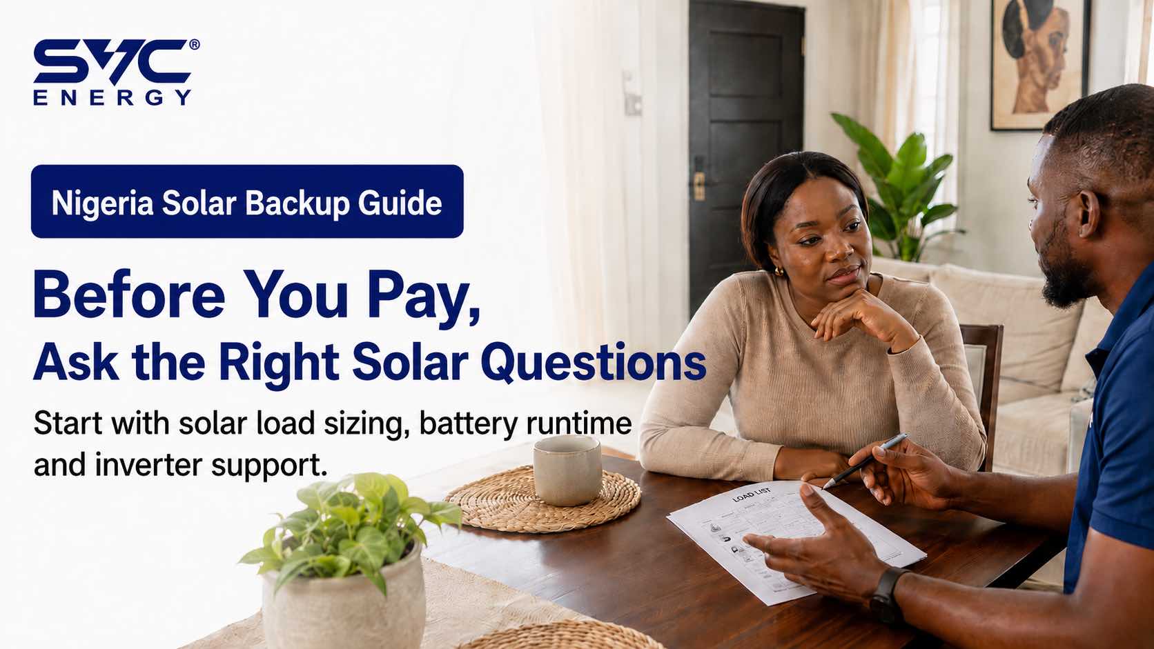 Nigerian homeowner reviewing inverter battery package questions with solar installer before payment